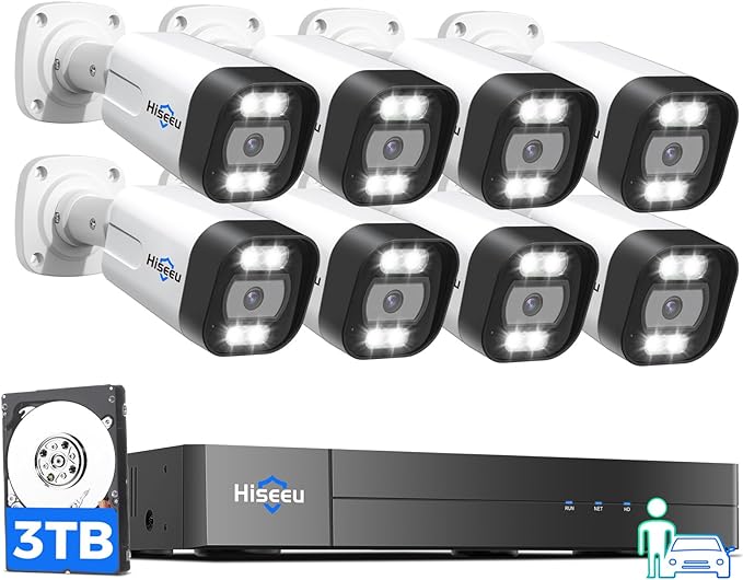 [2 Way Audio   Alarm Spotlight Human Detection] Hiseeu 4K PoE Security Camera System,8PCS 5MP IP Security Camera for Indoor Outdoor,4K PoE NVR 16CH Expandable with 3TB Hard Drive,Person/Vehicle Detect