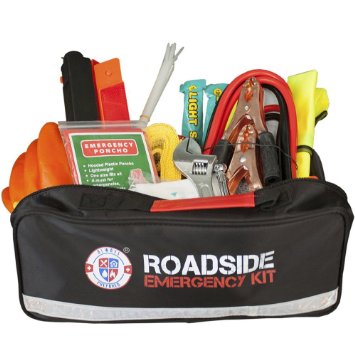 Roadside Assistance Auto Emergency Kit for Car - Fully Stocked (65 Pieces) Jumper Cables, Self-Powered LED Flashlight, First Aid Kit, Adjustable Wrench, 3-Ton Tow Rope, Gloves & More for Your Vehicle.