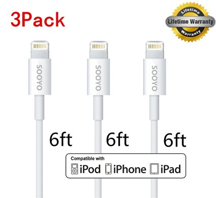 (3Pack) SOOYO(TM) 6ft 8-Pin Lightning to USB Cable Sync and Charging Cord Wire for iPhone 6/6s iPhone 6/6s Plus iPhone 5 5c 5s iPad 4 Mini Air iPod Nano 7 iPod Touch 5(6ft,White)