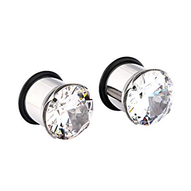 Longbeauty 2Pcs Stainless Steel White Zircon Set Clear CZ Plugs Stretcher With O-Ring