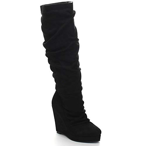 SPIRIT MODA Emma-1 Women's Slouchy Platform Wedge Heel Knee High Boots