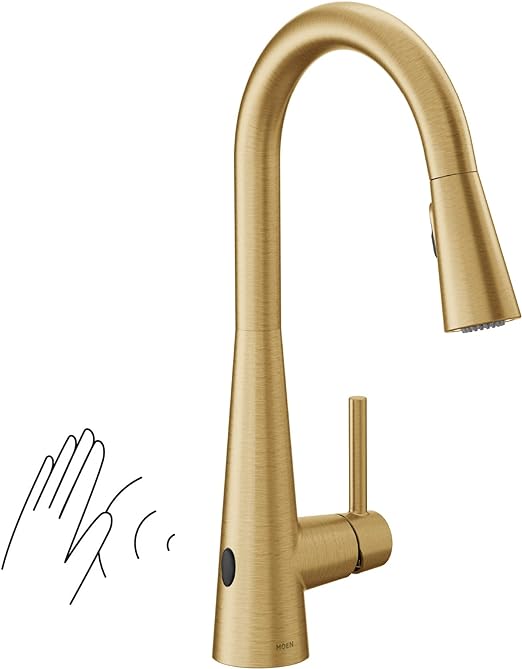 Moen Sleek Brushed Gold Motionsense Wave Sensor Touchless Kitchen Faucet, One-Handle Modern Kitchen Sink Faucet with Pulldown Sprayer Featuring Power Clean, 7864EWBG