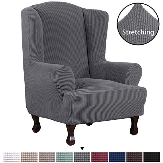 H.VERSAILTEX 1 Piece Super Stretch Stylish Furniture Cover/Wingback Chair Cover Slipcover Spandex Jacquard Checked Pattern, Super Soft Slipcover Machine Washable/Skid Resistance (Wing Chair, Gray)