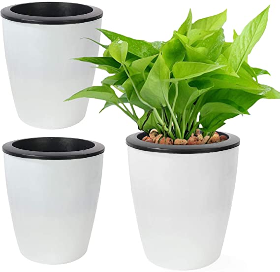 Alotpower 6.7 inch Self Watering Planter African Violet Pots Plastic Flower Plant Pots with Wick Rope for All House Plants, Flowers, Herbs (White, 3 Pack)