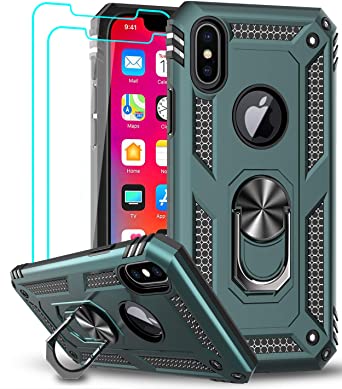 LeYi Compatible for iPhone X Case, iPhone Xs Case with Tempered Glass Screen Protector [2 Pack] for Women Men, [Military-Grade] Phone Case with Ring Kickstand for Apple iPhone X Xs 10, Midnight Green