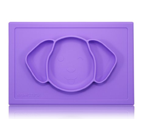 NomStick Junior Mat suctions to High Chair Trays - Ideal size all-in-one Silicone Placemat Suction Plate, Portable for Eating Out or Travel, cute puppy face for baby and toddlers (Purple Punch)