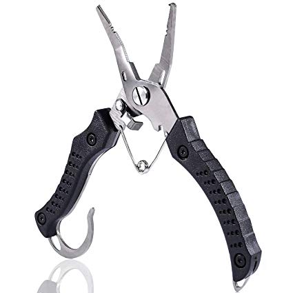 PLUSINNO Fishing Pliers Stainless Steel Mix with Titanium Carbo-Nitride Coating Hook Removers, Braid Cutters Saltwater Split Ring Fishing Multi-Tools with Sheath and Lanyard