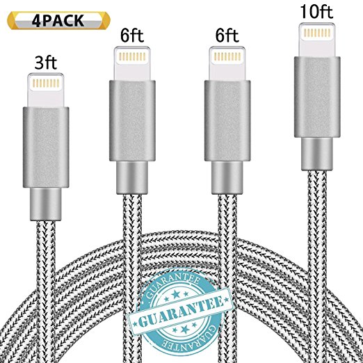 DANTENG Lightning Cable 4Pack 3FT 6FT 6FT 10FT Nylon Braided Certified iPhone Cable USB Cord Charging Charger for Apple iPhone 7, 7 Plus, 6, 6s, 6 , 5, 5c, 5s, SE, iPad, iPod Nano, iPod Touch (Gray)