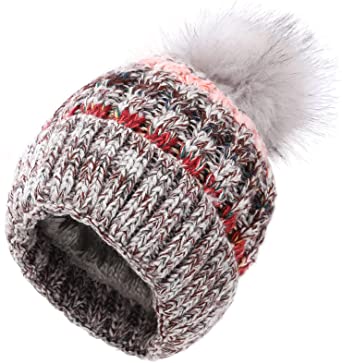 Valpeak Fleece Lined Womens Beanie Hats Faux Fur Pom Pom Beanie Winter Hat