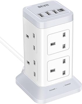 Tower Extension Lead with USB Slots, BEVA 8 Way Extension Socket with 3 USB-A and 1 USB-C Ports, 2100J Surge Protected Extension Plug Tower with Switch 2M Cable(13A 3250W) for Home, Office