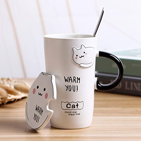 Adorable White Adorable Cat Series Coffee Tea Vaccum Cup Tumbler Mug Set with Lid, Stainless Spoon,13 oz(381 ml)