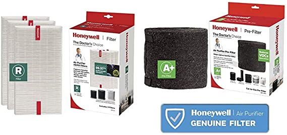 Honeywell Filter R True HEPA Replacement Filter (Pack of 3) & HRFAPP1 Plus Household Odor & Gas Reducing Universal Pre-filter, HRF-APP1, Black