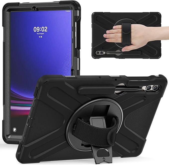 BATYUE Case for Samsung Galaxy Tab S9 Plus/S8 Plus/S7 Plus/S7 FE 12.4 inch,Heavy Duty Shockproof Cover with S Pen Holder, 360 Rotating Kickstand & Hand Strap,Shoulder Strap for Kids (Black)
