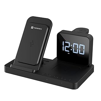 Portronics Bella 15W Wireless Charger with Alarm Clock, Phone Charging, Earbud Charging, Watch Charging, QI Enable Mobile Phones(Black)