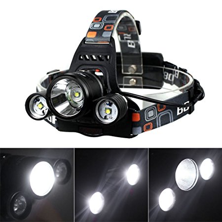 BestFire® Waterproof Super Bright 3 x Cree XM-L T6 4 Modes 5000 Lumens Headlamp Rechargeable with Adjustable Base Cree LED Headlight Headlamp Bicycle Light for Running Cycling Travelling Camping Hiking Fishing etc. (Headlamp Only)