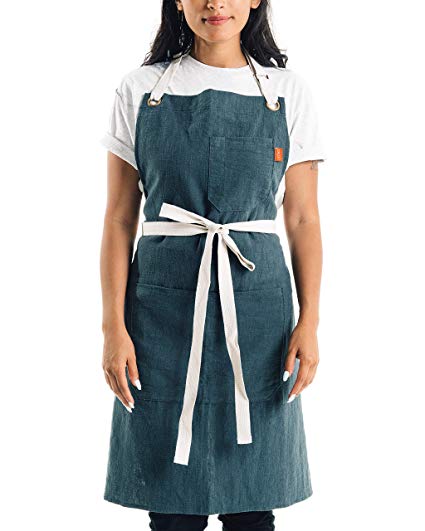 Caldo Linen Kitchen Apron - Mens and Womens Linen Bib Apron - Adjustable with Pockets (Spruce)