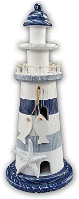 CoTa Global Large White & Blue Stripes Lighthouse w/ Fish & Starfish Nautical Marine Decor 4.5" x 11" Beach Table Top Charming Centerpiece Accent Ocean Sea Aquatic Theme Party Giveaways/Souvenirs