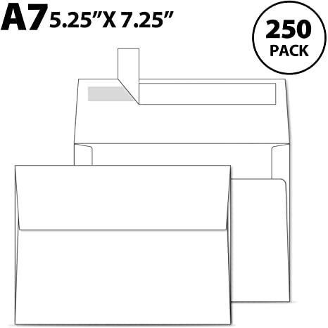 250 Ohuhu A7 Printable White Envelopes 5X7-250 Pack Quick Self Seal,for 5x7 Cards, Perfect for Chirstmas Cards, Weddings, Invitations, Photos, Graduation, Baby Shower, 5 1/4 x 7 1/4 Inches A7