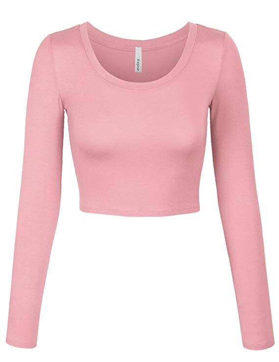 KOGMO Womens Long Sleeve Basic Crop Top Round Neck with Stretch
