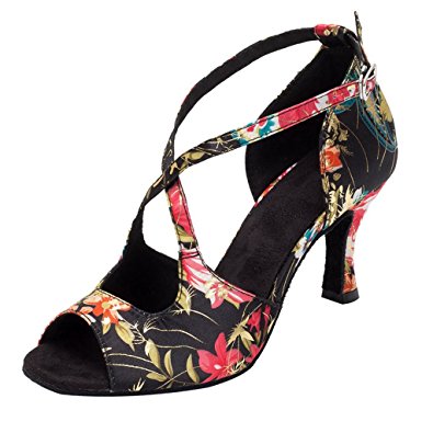 Latin Dance Shoes Women Indoor Floral Satin 3" 2.5“ 2” heel HXYOO WK013
