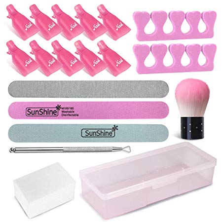 Nail Polish Remover Clips Set with Nail File, Cotton Pads, Finger Separators, Triangle Cuticle Peeler Scraper, Nail Brush Remove Dust Powder, Nail Clips for Removing Gel Polish (Pink)