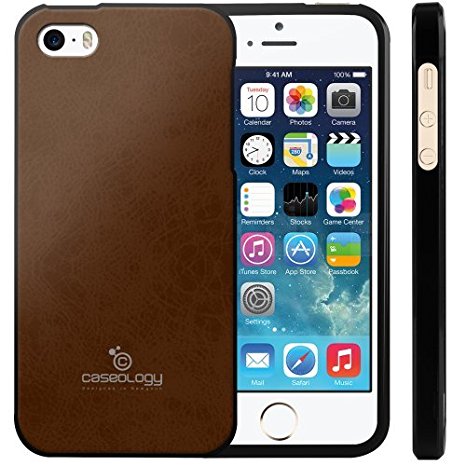 Caseology [Leather Skin] Case for iPhone 5/SE/5 - Slim Design Premium PU Leather Cover Shock Absorbent TPU - (Brown)