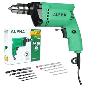 Alpha Corded Electric Drill Machine, 400W, 10mm Chuck, 2600 Rpm, Variable Speed, Forward/Reverse Rotation, With Lock-On & 10 Drill Bits, For Home & DIY Use for Masonry, Steel & Wood, Wall | A-6105