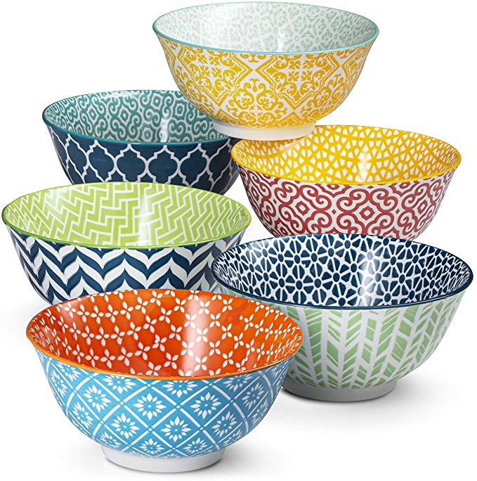 Cereal Bowls, by Kook, Ceramic Make, Multi Color Designs, Perfect for Yoghurt, Dessert, Poke, Set of 6