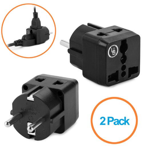 Yubi Power 2 in 1 Universal Travel Adapter with 2 Universal Outlets - Built in Surge Protector - 2 Pack - Black - Shucko Type E / F for France, Germany, Spain, Sweden, Turkey, Ukraine and More!