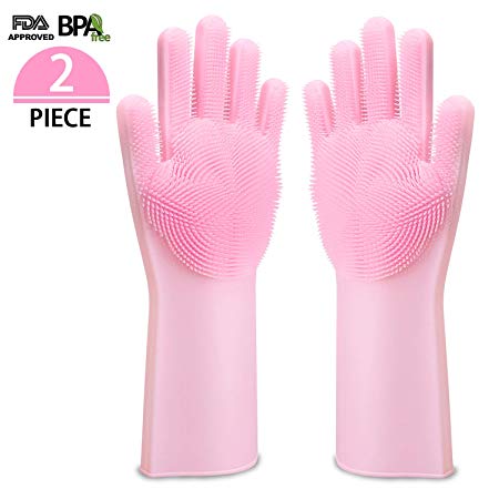 Moopok Magic Silicone Gloves with Wash Scrubber, Dish Washing Gloves, Reusable Brush Silicone Scrubber Heat Resistant Gloves for Cleaning, Household, Pet Hair Care (Pink, 1 Pair)