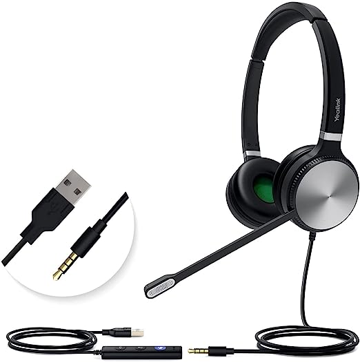 Yealink UH36 Series Headset, Wired Dual-Ear, USB A and 3.5mm Jack connectivity, Noise-canceling Microphone, MS Teams Certified, 330 Degree Bendable Boom arm, LED Indicator (UH36 Dual Teams), Black