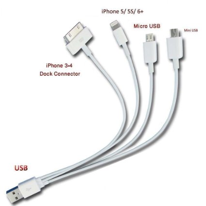 Gembonics Premium High Quality 4 in 1 Multi Usb Charger Adapter Charging Cable Connector And Micro USB for iPhone 6 Plus 5 5S 5C iPad 4th Gen Air Mini iPod touch 5th 7th Gen Samsung Galaxy S4 and More