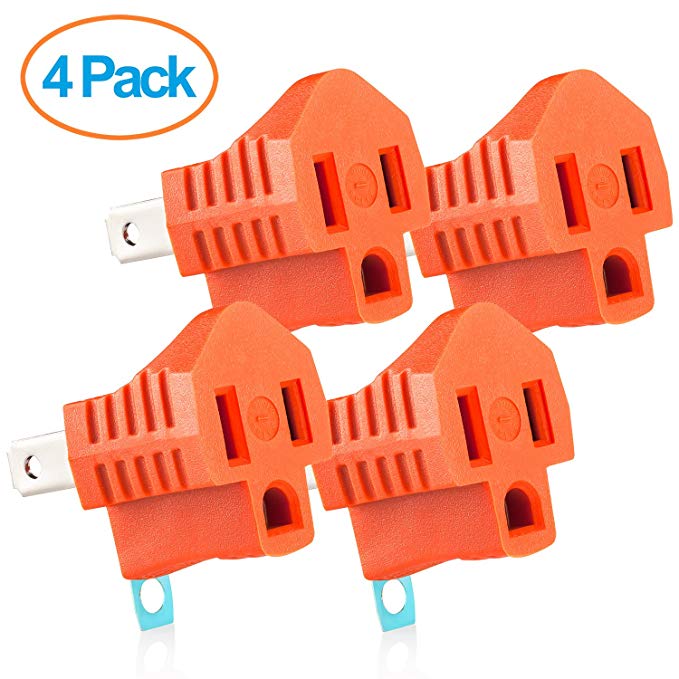 Yubi Power Grounding Adapter Plug - Grounded Outlet Adapter - 2 Prong to 3 Prong Adapter - 4 Pack - Orange