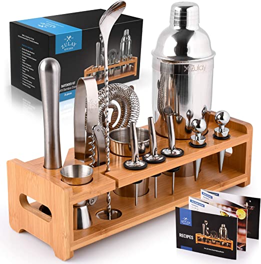 Zulay 24-Piece Bartender Kit - Stainless Steel Bar Set 24oz Cocktail Shaker Set With Accessories - Professional Bartender Set With Bamboo Stand & Recipe Booklet For Mixed Drinks