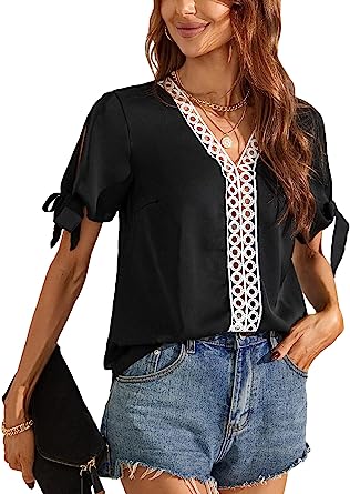 Milumia Women's V Neck Short Sleeve Top Guipure Lace Trim Casual Business Blouse