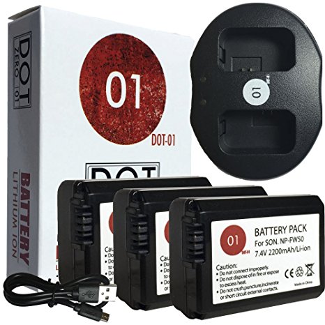 3x DOT-01 Brand Sony A7 II Batteries and Dual Slot USB Charger for Sony A7 II Camera and Sony A7 II Battery and Charger Bundle for Sony FW50 NP-FW50