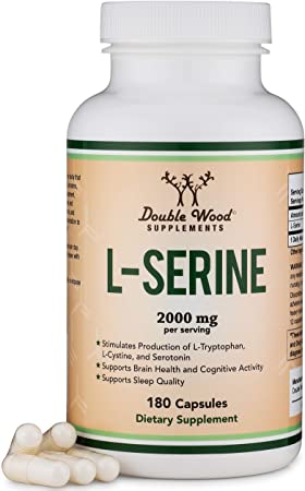 L-Serine Capsules (Third Party Tested) - 2,000mg Servings Used in Clinical Study, 180 Count, 500mg per Capsule (Amino Acid for Serotonin Production and Brain Support) by Double Wood Supplements