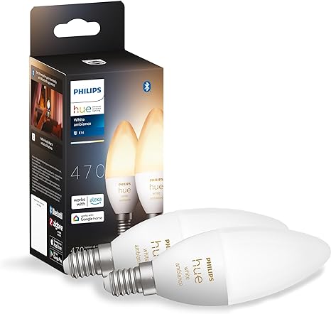 Philips Hue NEW White Ambiance Smart Light Bulb 2 Pack [E14 Small Edison Screw] Works with Alexa, Google Assistant and Apple Homekit. For Indoor Home Lighting, Livingroom and Bedroom.