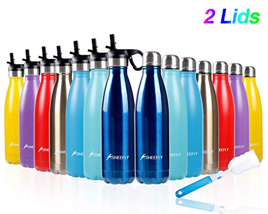 SHEEFLY 500ml Double Wall Vacuum Insulated Stainless Steel Water Bottle - Sports Travel Bottle Cup for Outdoor Fitness Camping Cycling Picnic with BPA Free Straw Lid Cleaning Brush