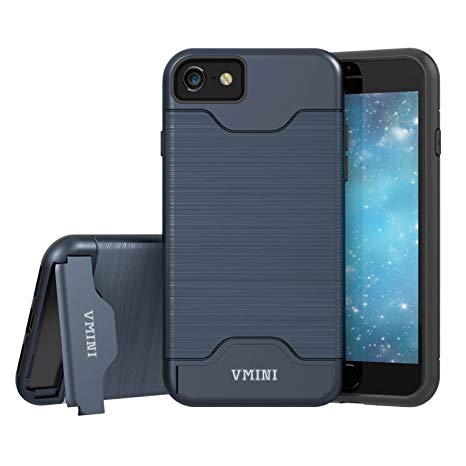 Vmini iPhone 7/7 Plus Case, iPhone 8/8 Plus Case, Slim Hard Shockproof Case with Card Slot Holder and Built-in Kickstand, Fashionable Wire Drawing Cover Design - Black