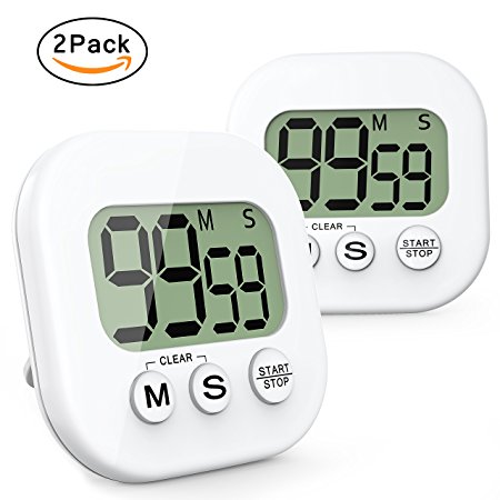 Digital Kitchen Timer, Gvoo 2PCs Digital Magnet Cooking Timer Countdown Clock with Large LCD Display and Loud Alarm - White