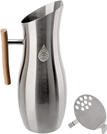 Invigorated Water Stainless Steel Pitcher with Lid - Metal Pitcher with Ice Guard - Stainless Steel Water Pitcher Metal with Wooden Handle - Ideal for Cold Water and Infusing Fruit (1.9L, No Filter)