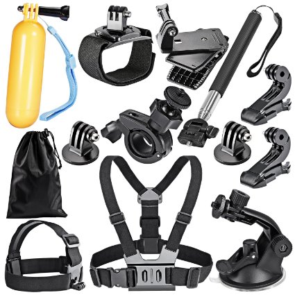 Neewer® 12-In-1 Outdoor Sports Essentials Kit for GoPro Hero 4 Silver Black Hero 4 3  3 2 1 in Parachuting Diving Surfing Rowing Running Cycling Camping And More, Includes: Extendable Selfie Stick Handheld Monopod   Head Belt Strap Mount   Chest Strap   Car Suction Cup Mount   Floating Handlebar Handle Grip   2 PCS Tripod Mount Adapter   2* Gopro Surface J-Hook   360 Rotary Clip Mount   Bicycle Bike Handlebar Mount Holder   360 Degree Rotating Adjustable Wrist Mount   Wrench   Neewer Pouch