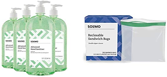 Amazon Brand - Solimo Hand Sanitizer with Vitamin E and Aloe, 32 Fl Oz (Pack of 4) & Solimo Sandwich Storage Bags, 300 Count