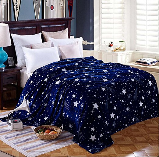 Star Soft Warm Plush Flannel Bedding Sleep Blanket Throw Flat Twin Full Queen Navy White Color (Twin, Navy)
