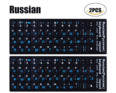 (2PCS PACK) Russian Keyboard Stickers, Keyboard Letters Replacement Stickers Russian Black Background with Blue Lettering for PC Computer Laptop Notebook Desktop Keyboards(Russian-Blue)