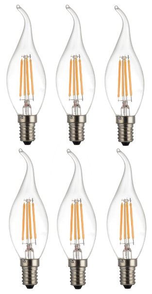 COOLWEST LED Filament Candelabra Light Bulb, Clear Glass, E12/4Watt, 120V No-Dimmable ,2700K Warm White, Replacement for 40 Watt Incandescent Bulb,Pack of 6 Units (4W/Flame Tip)