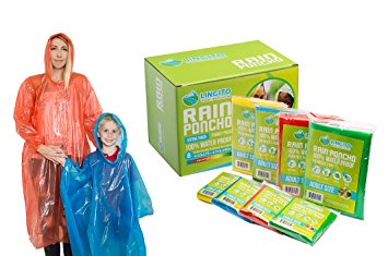 Family Pack Emergency Disposable Rain Ponchos- Perfect for Travel, Theme Parks, Hiking, Fishing Includes- 4 adult and 4 child ponchos with hood and Sleeve (Extra Thick, 4 colors) )
