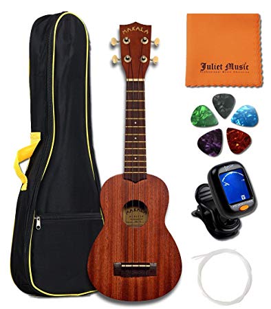 Kala Ukulele KA-15S Mahogany Soprano Ukulele Bundle with JULIET MUSIC Gig Bag, Tuner, String, Picks and Polishing Cloth