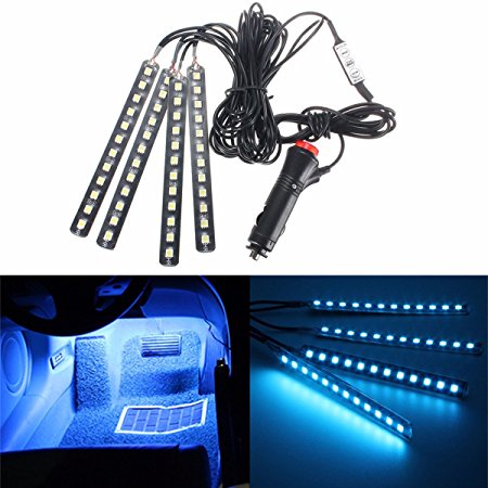 Car Interior Lights, GLIME 4-Piece 12 LED Car Atmosphere Light,Interior Underdash Lighting Kit ,Car Auto Floor Lights,Waterproof Glow Neon Light Strips Decoration Lamp for All Vehicles Ice blue